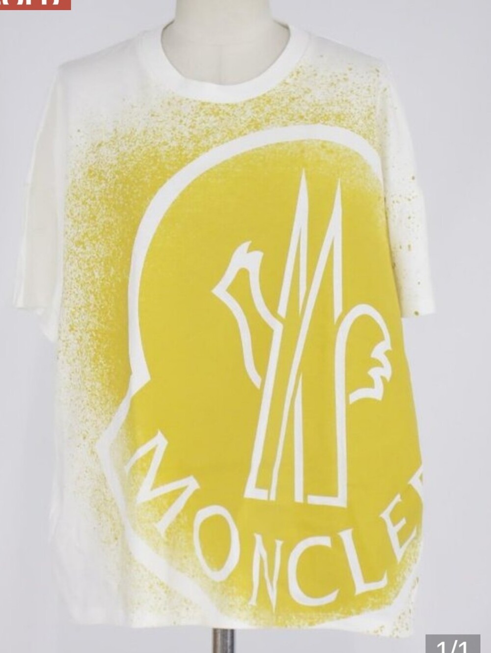 Moncler White Tee with Yellow Graphic Logo Splash